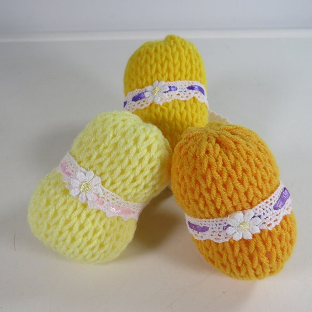 Hand Knit Easter Eggs with hand sewn accents (NO GLUE) all fabric items Lace
